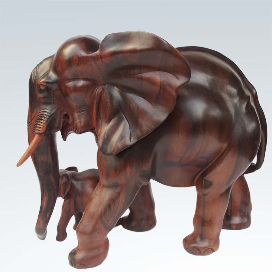 木雕摆件精品 红木工艺品 家居装饰 木雕大象 母子平安象 礼品