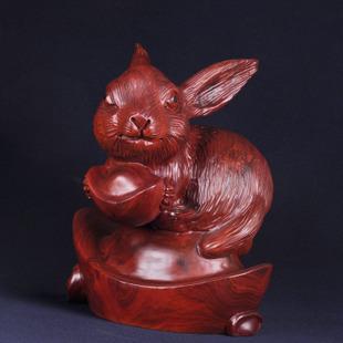 红木工艺品木雕家居装饰品摆件 生肖元宝招财兔子 礼品