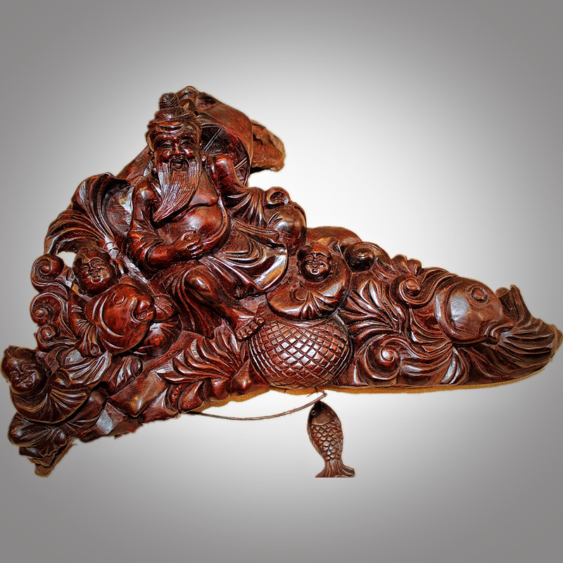 中式手工雕刻人物红木老挝大红酸枝木摆件 姜太公钓鱼木雕工艺品